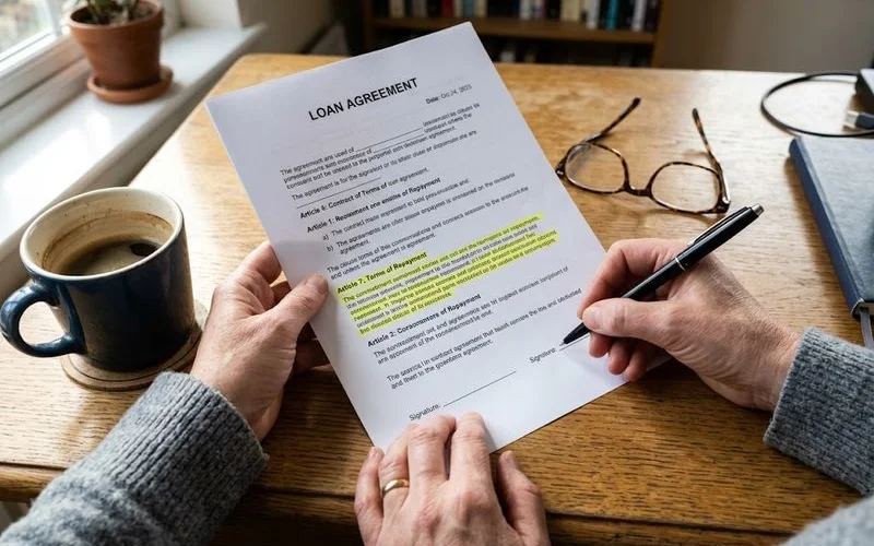 A borrower closely reading the fine print of a loan agreement before signing, checking terms against a printed disclosure