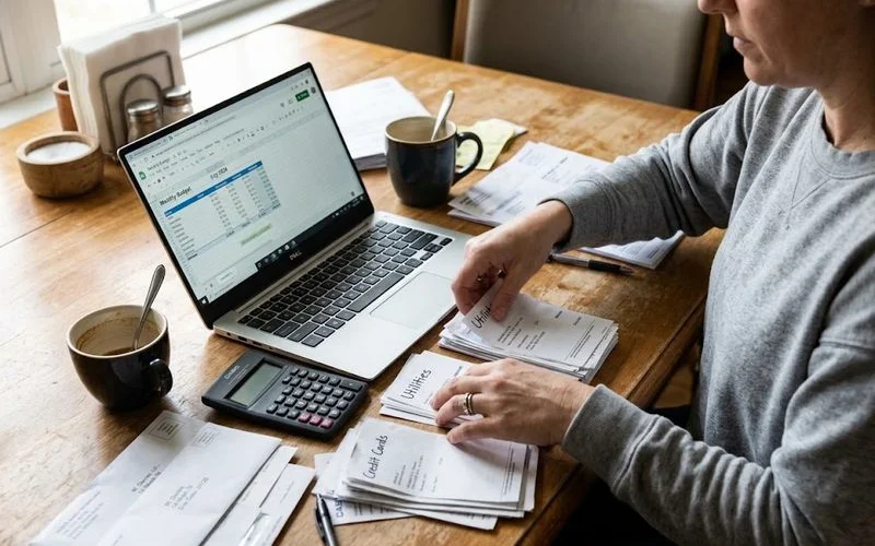 A person reviewing multiple credit card statements next to a calculator while comparing them to a single loan offer