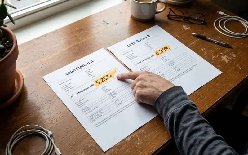Two loan offer documents laid side by side on a desk for comparison, with a calculator nearby