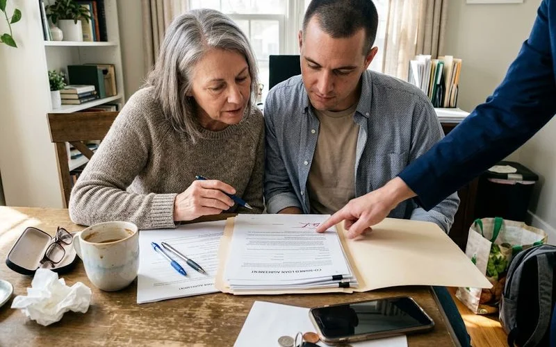 Two family members sitting together reviewing a loan agreement before one agrees to cosign for the other