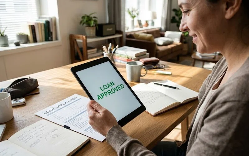 A person on a phone reviewing a fast loan approval notification while sitting at a kitchen table