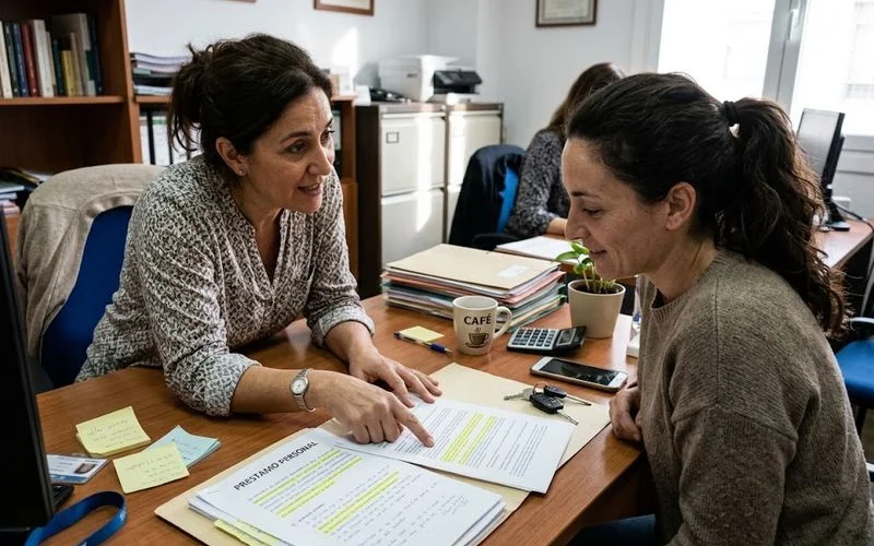 A loan officer explaining paperwork to a customer in a friendly, clear conversation at a storefront lender