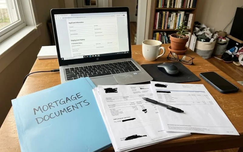 A couple sitting at a kitchen table reviewing mortgage paperwork and bank statements with a laptop open
