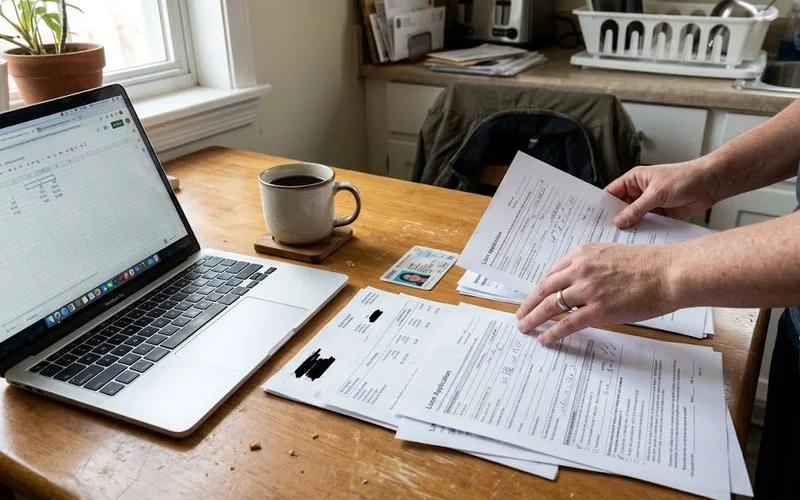 A person reviewing their credit report and bank statements side by side while preparing to apply for a loan
