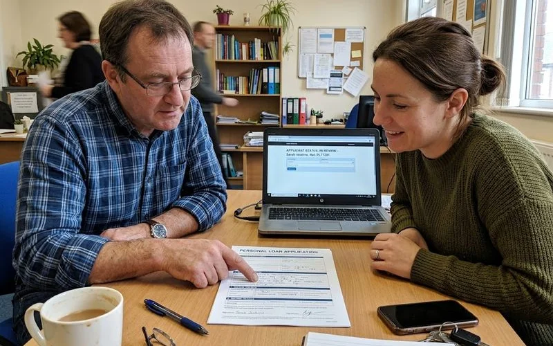 A loan officer at a desk reviewing paperwork with a customer during a personal loan application appointment