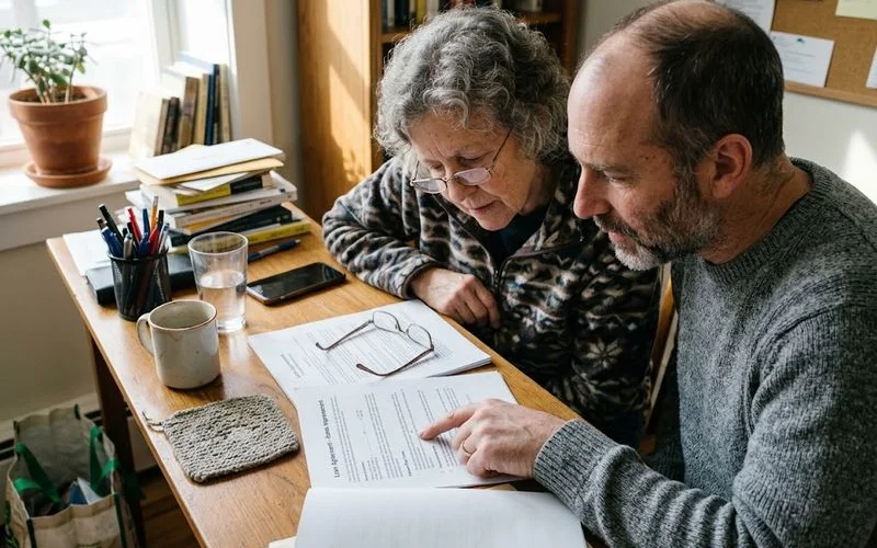 An adult child sitting with an older parent reviewing loan paperwork together at a kitchen table