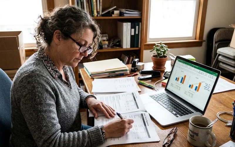 A small business owner reviewing financing paperwork and a laptop at a store counter