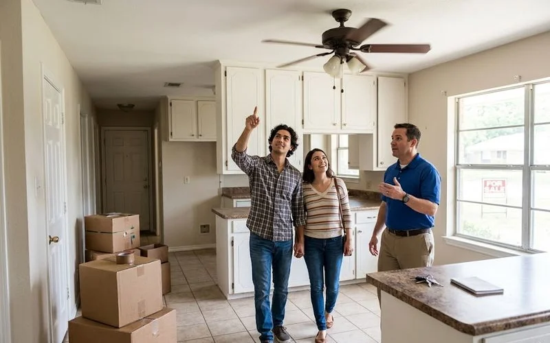 A family looking at a house exterior with a for-sale sign, holding papers and discussing the purchase