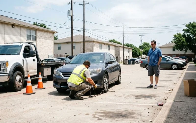 A tow truck repossessing a vehicle from a driveway, representing what happens when a secured loan goes unpaid