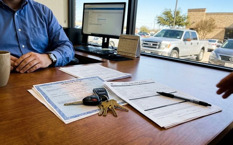 A car parked in a driveway with its title documents and keys placed on the hood, representing collateral for a title loan